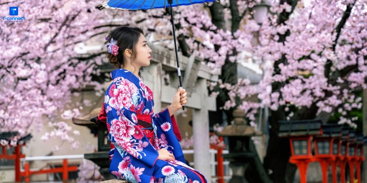 Trải nghiệm mang kimono chụp ảnh cùng hoa anh đào.